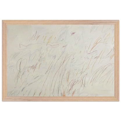 Sunset by Cy Twombly framed art print; featuring a soft ivory background covered with delicate pencil marks, flowing curves, spontaneous scribbles; size 800 × 1200 mm (32 × 48 in); wood frame.