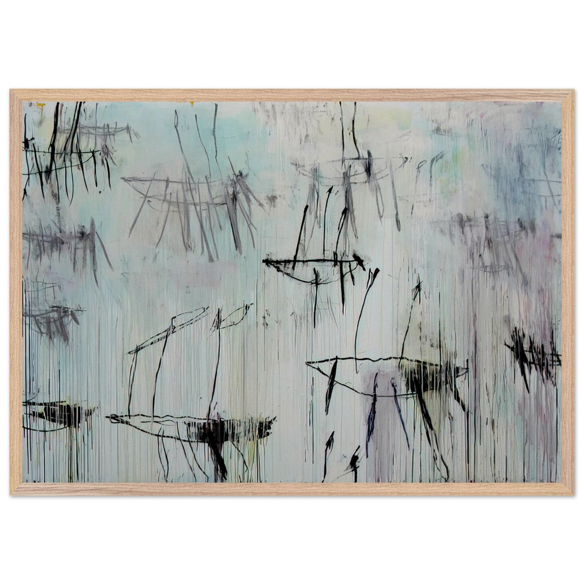 Lepanto, Part V by Cy Twombly framed art print; featuring a pale blue and ivory background, expressive black lines, delicate gray marks, subtle pink undertones; size A1 (59.4 × 84.1 cm); white frame.