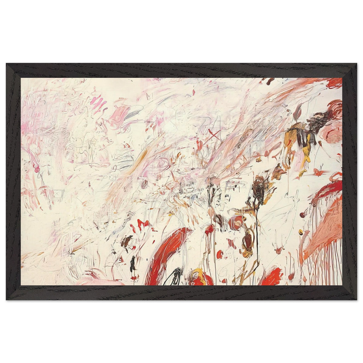 Ferragosto III by Cy Twombly framed art print; featuring energetic brushstrokes, delicate scribbles, and layered gestures in shades of red, pink, rust, orange, ochre; size 30 × 45 cm (12 × 18 in); wood frame.