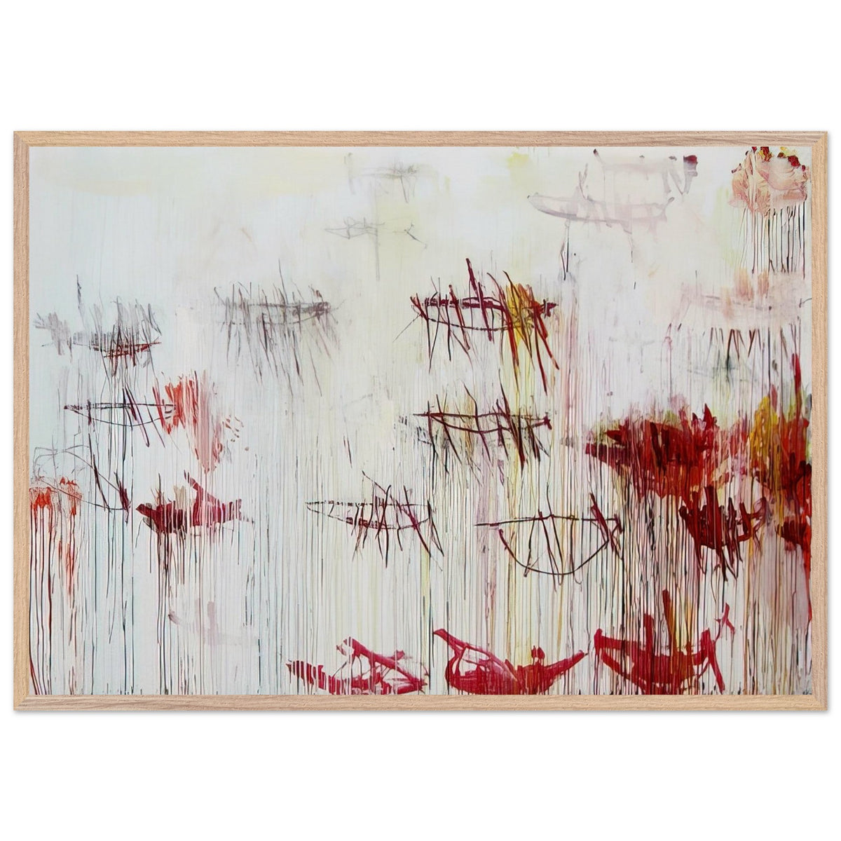 Lepanto, Part IX by Cy Twombly framed art print; featuring a luminous pale blue and ivory background, energetic crimson and burgundy marks, delicate yellow accents; size 70 × 100 cm (28 × 40 in); wood frame.