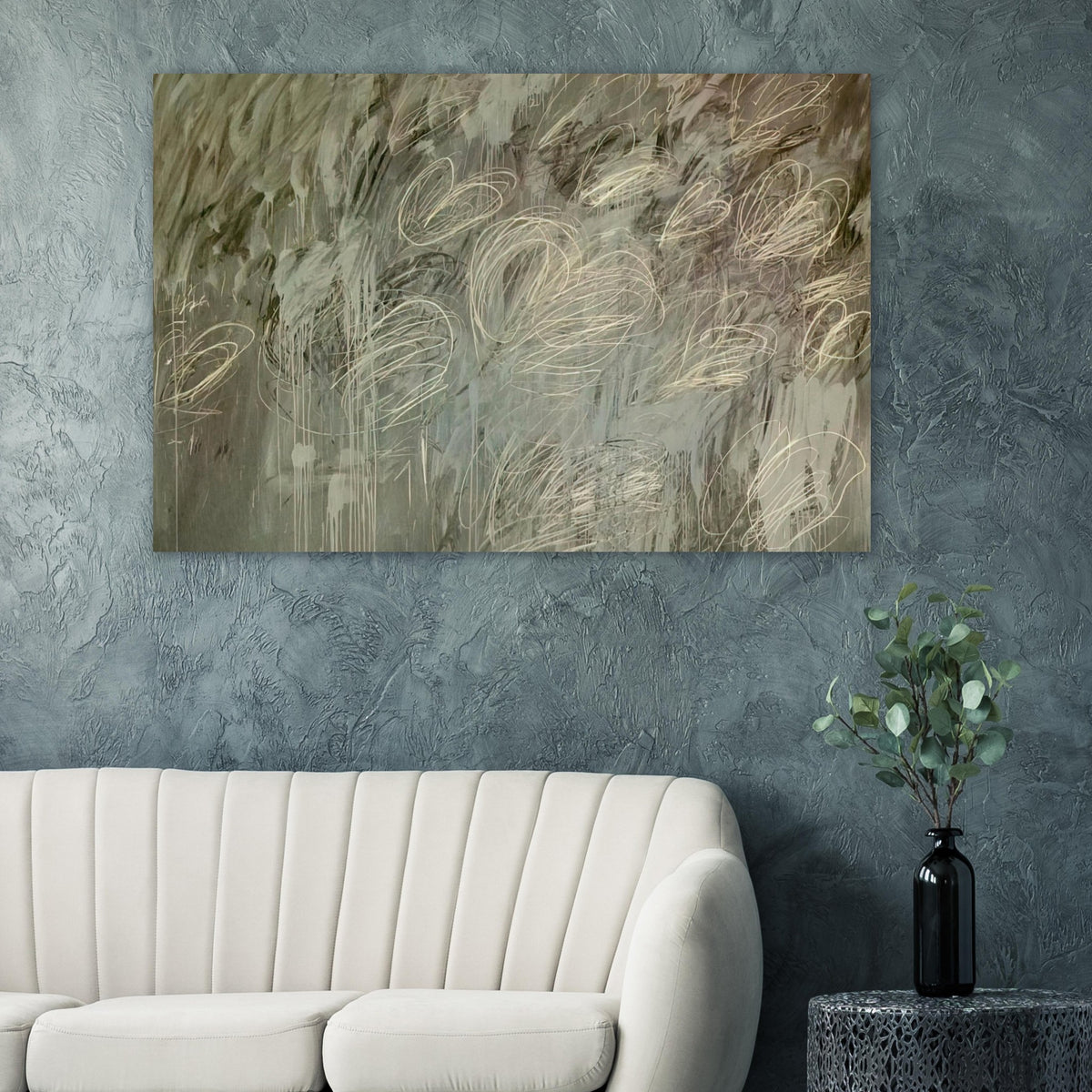 III Notes from Salalah (Note II) by Cy Twombly poster: This expressive composition features a layered gray-green background covered with delicate ivory and pale….