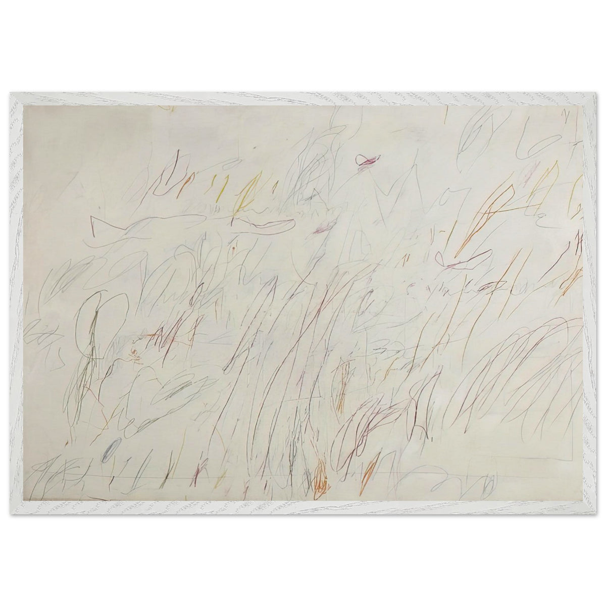 Sunset by Cy Twombly framed art print; featuring a soft ivory background covered with delicate pencil marks, flowing curves, spontaneous scribbles; size A1 (59.4 × 84.1 cm); black frame.