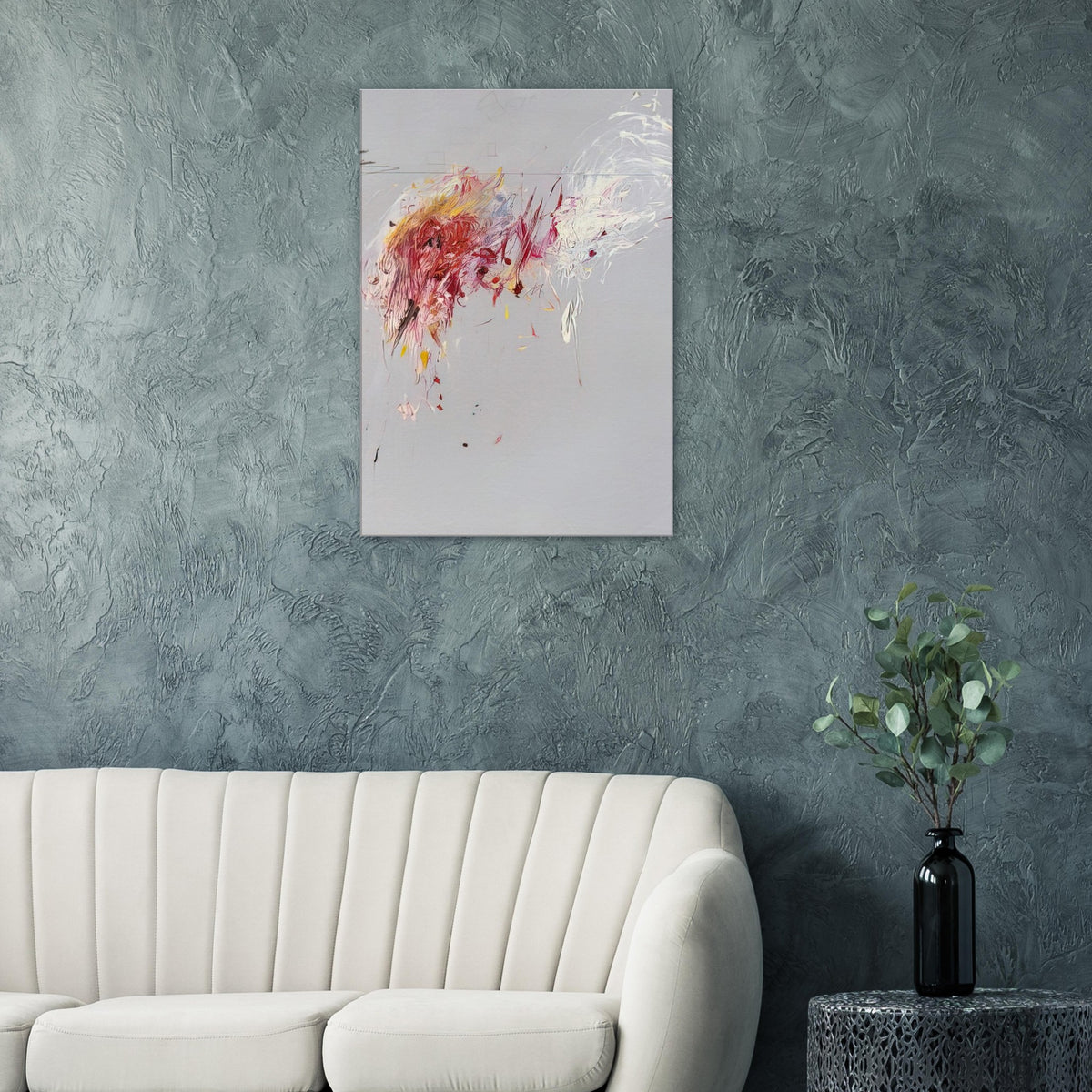 Nine Discourses on Commodus, Part V by Cy Twombly, canvas print, soft gray background, sweeping white strokes
