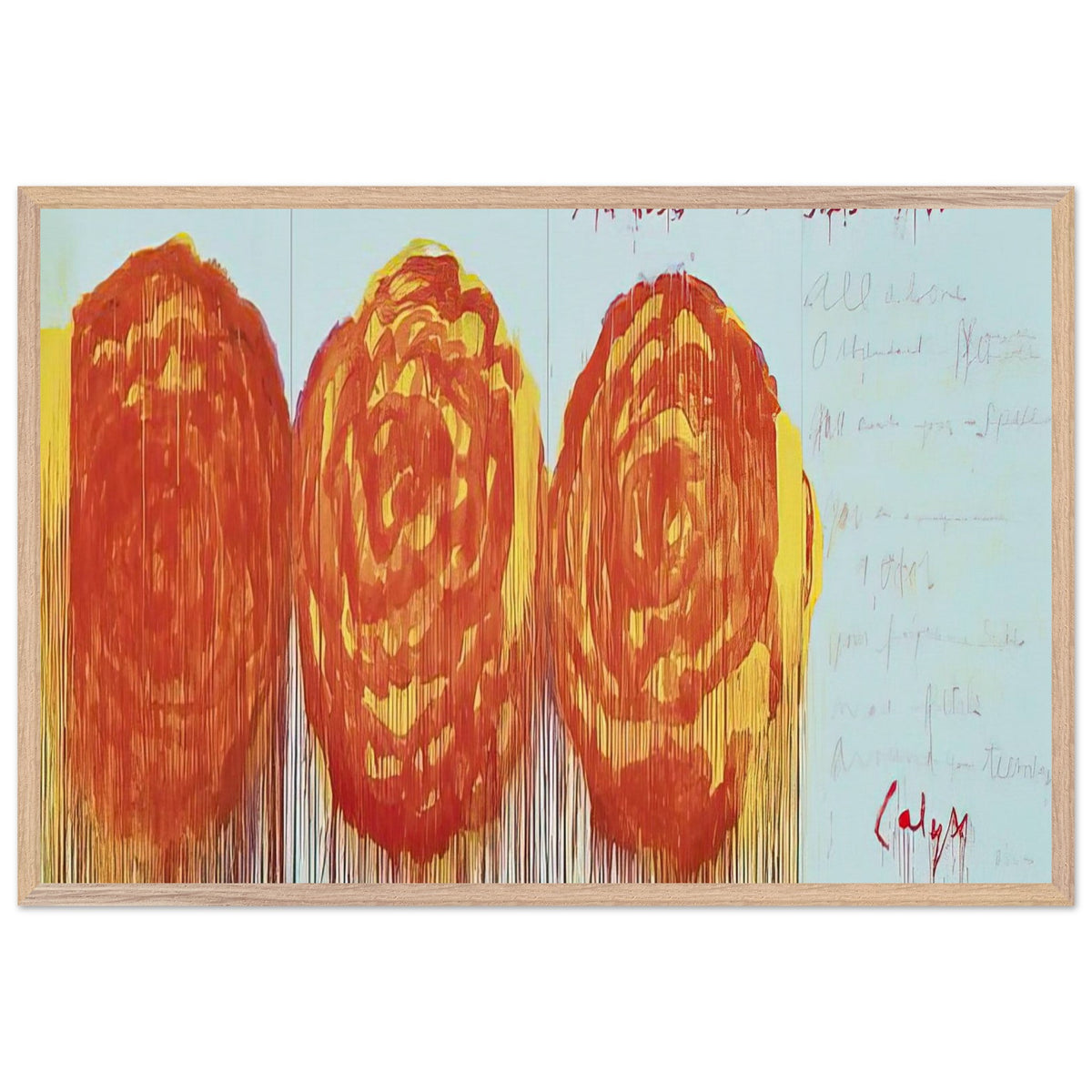 The Rose (II) by Cy Twombly framed art print; featuring three oversized rose-like forms in vibrant orange, fiery red; size 70 × 100 cm (28 × 40 in); black frame.