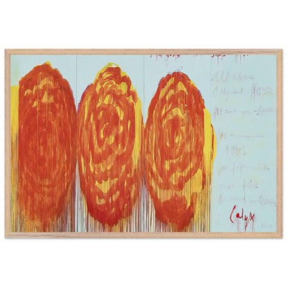 The Rose (II) by Cy Twombly framed art print; featuring three oversized rose-like forms in vibrant orange, fiery red; size 70 × 100 cm (28 × 40 in); black frame.