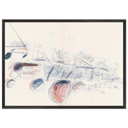 Fifty Days at Iliam: Ilians in Battle by Cy Twombly framed art print; featuring delicate blue-gray lines, energetic red marks, overlapping geometric shapes; size 800 × 1200 mm (32 × 48 in); black frame.