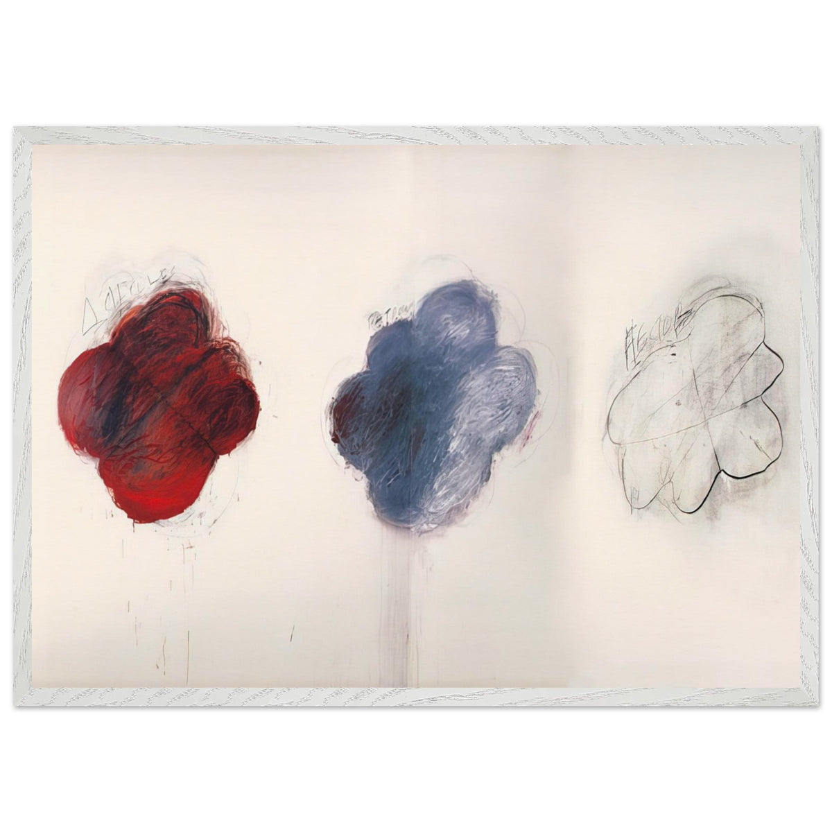 Fifty Days at Iliam: Shades of Achilles, Patroclus, and Hector by Cy Twombly framed art print; featuring three large, cloud-like forms arranged horizontally against a luminous ivory background; size 60 × 90 cm (24 × 36 in); black frame.