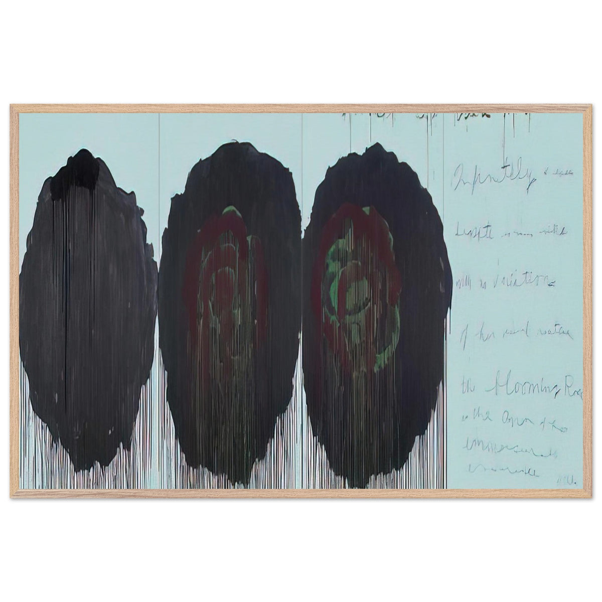 The Rose (V) by Cy Twombly framed art print; featuring three monumental rose forms in deep black, charcoal, burgundy, and dark crimson; size 800 × 1200 mm (32 × 48 in); black frame.