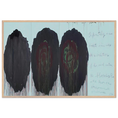 The Rose (V) by Cy Twombly framed art print; featuring three monumental rose forms in deep black, charcoal, burgundy, and dark crimson; size 800 × 1200 mm (32 × 48 in); black frame.