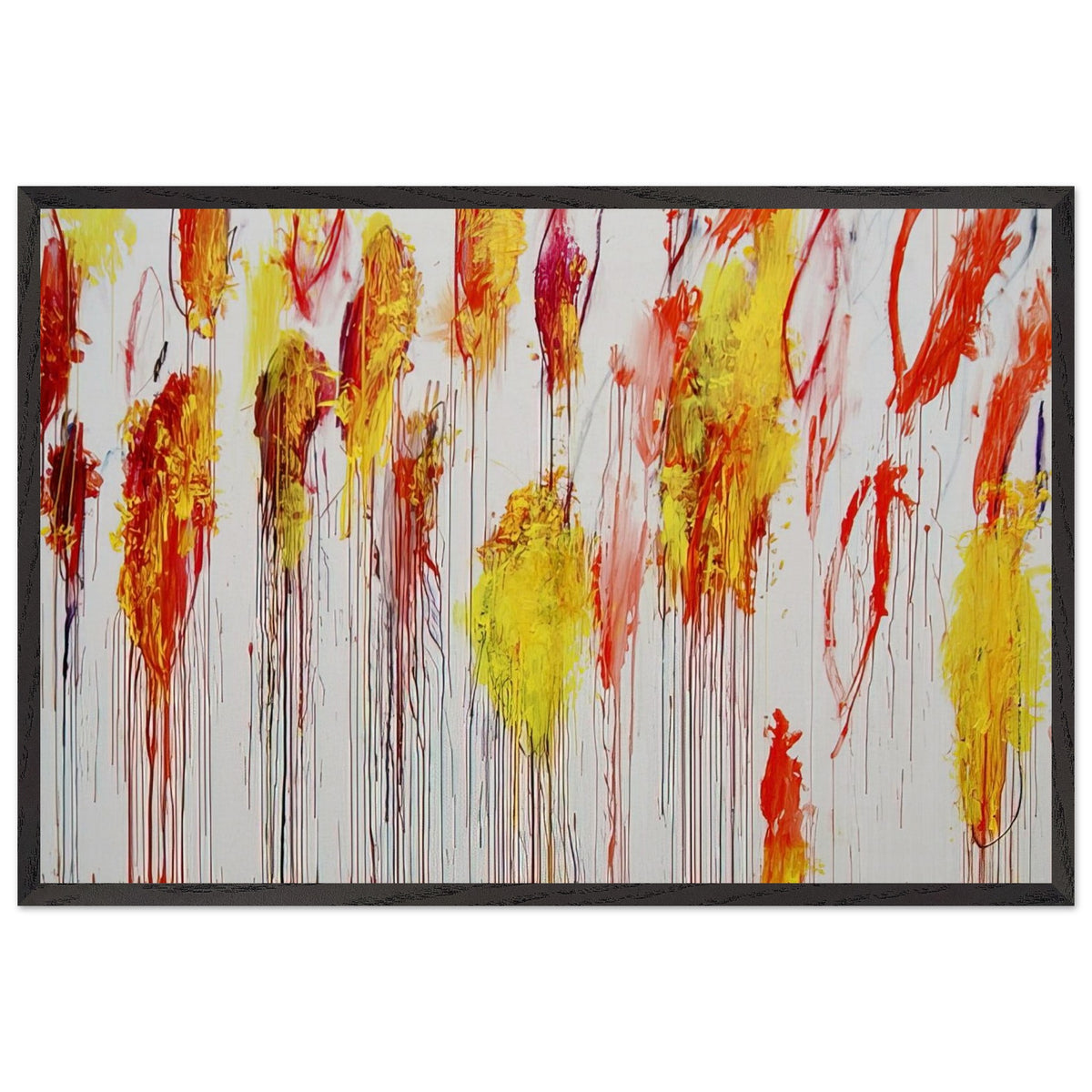 Lepanto, Part XII by Cy Twombly framed art print; featuring vibrant golden-yellow and orange brushstrokes, fiery red and crimson accents; size A1 (59.4 × 84.1 cm); wood frame.
