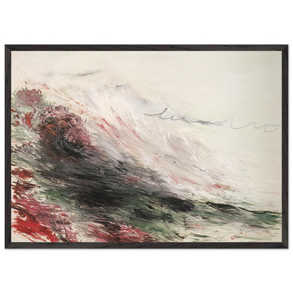 Hero and Leandro (A Painting in Four Parts) Part I by Cy Twombly framed art print; featuring sweeping white and pale gray brushstrokes, layered charcoal and black marks, subtle green tones; size 60 × 90 cm (24 × 36 in); white frame.