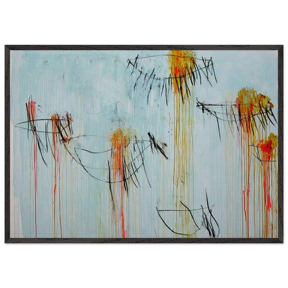 Lepanto, Part II by Cy Twombly framed art print; featuring a luminous turquoise-blue background, energetic black gestural lines, and vivid accents of yellow, orange; size 800 × 1200 mm (32 × 48 in); white frame.