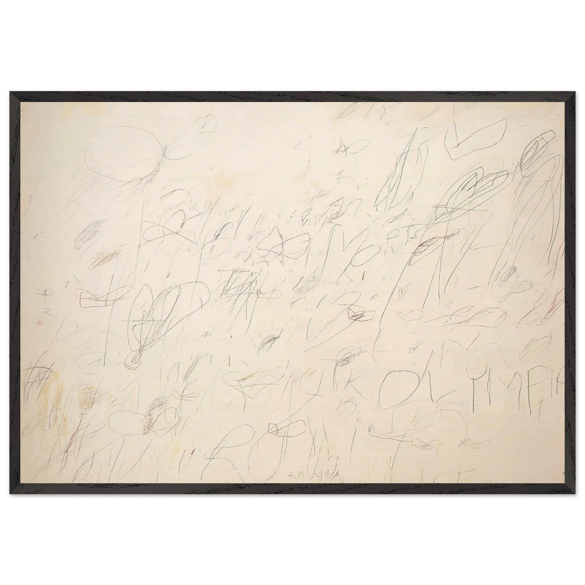 Olympia by Cy Twombly framed art print; featuring a warm ivory and pale cream background covered with delicate pencil-like lines, overlapping scribbles; size 800 × 1200 mm (32 × 48 in); white frame.