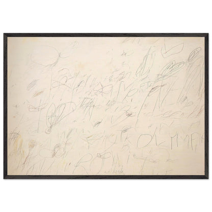 Olympia by Cy Twombly framed art print; featuring a warm ivory and pale cream background covered with delicate pencil-like lines, overlapping scribbles; size 800 × 1200 mm (32 × 48 in); white frame.