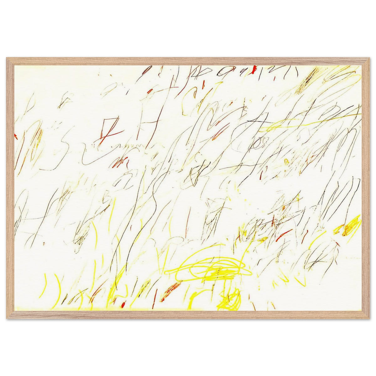 Blue Room by Cy Twombly framed art print; featuring delicate, spontaneous scribbles and gestural lines in shades of black, red, orange; size 70 × 100 cm (28 × 40 in); white frame.