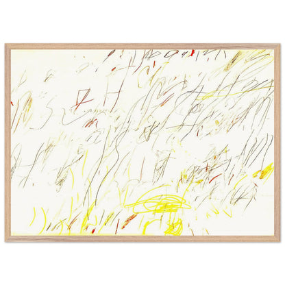 Blue Room by Cy Twombly framed art print; featuring delicate, spontaneous scribbles and gestural lines in shades of black, red, orange; size 70 × 100 cm (28 × 40 in); white frame.
