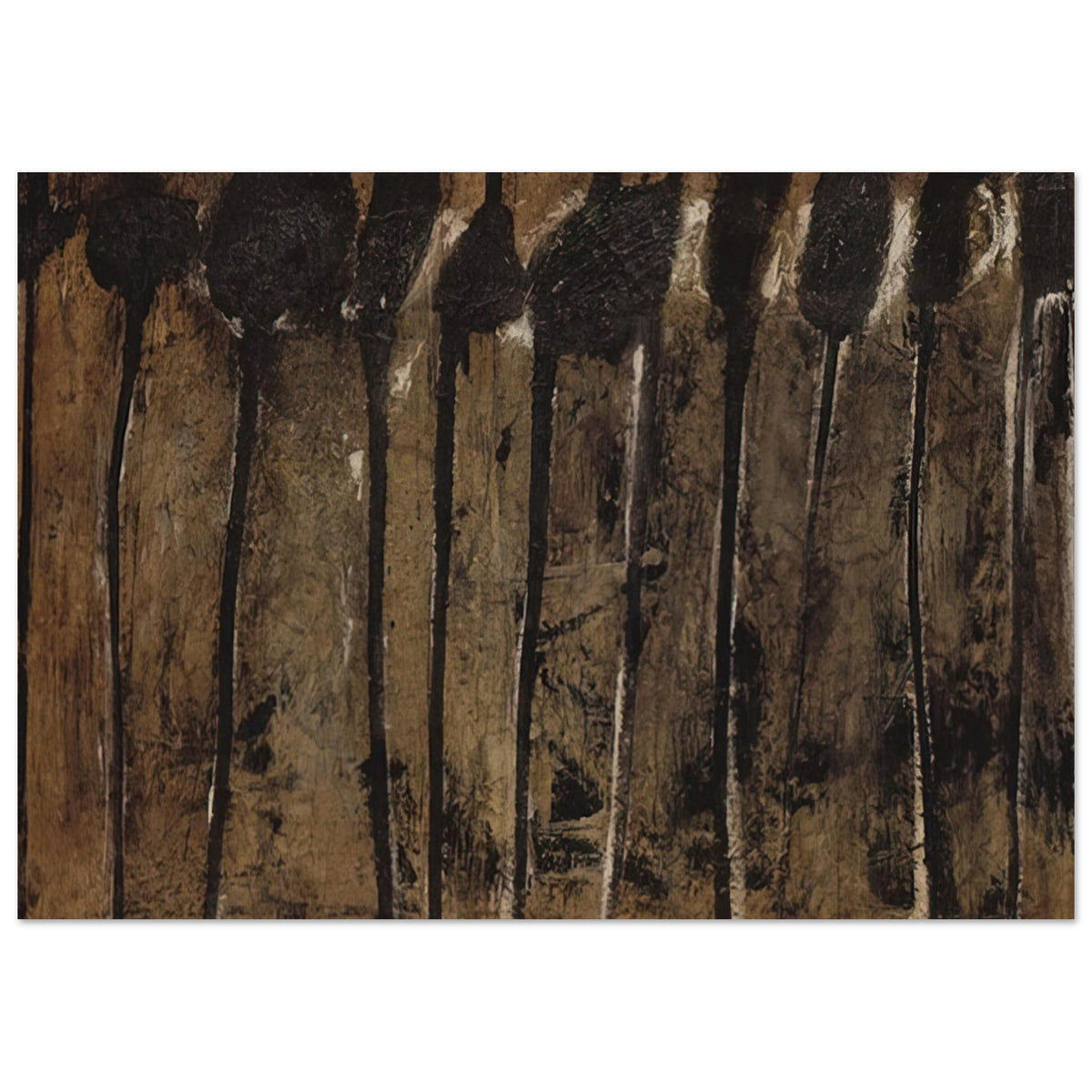 Solon I by Cy Twombly poster, A0 (84.1 × 118.9 cm): This atmospheric composition features elongated black and dark brown forms against a textured background….