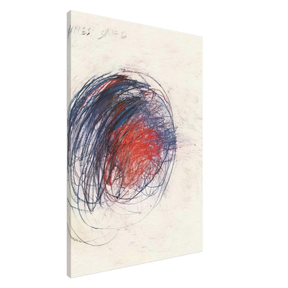 Fifty Days at Iliam: Shield of Achilles by Cy Twombly, canvas print, 45x60 cm / 18x24″; intricate black lines, expressive red strokes, deep blue accents