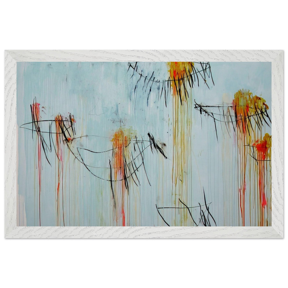 Lepanto, Part II by Cy Twombly framed art print; featuring a luminous turquoise-blue background, energetic black gestural lines, and vivid accents of yellow, orange; size 70 × 100 cm (28 × 40 in); white frame.