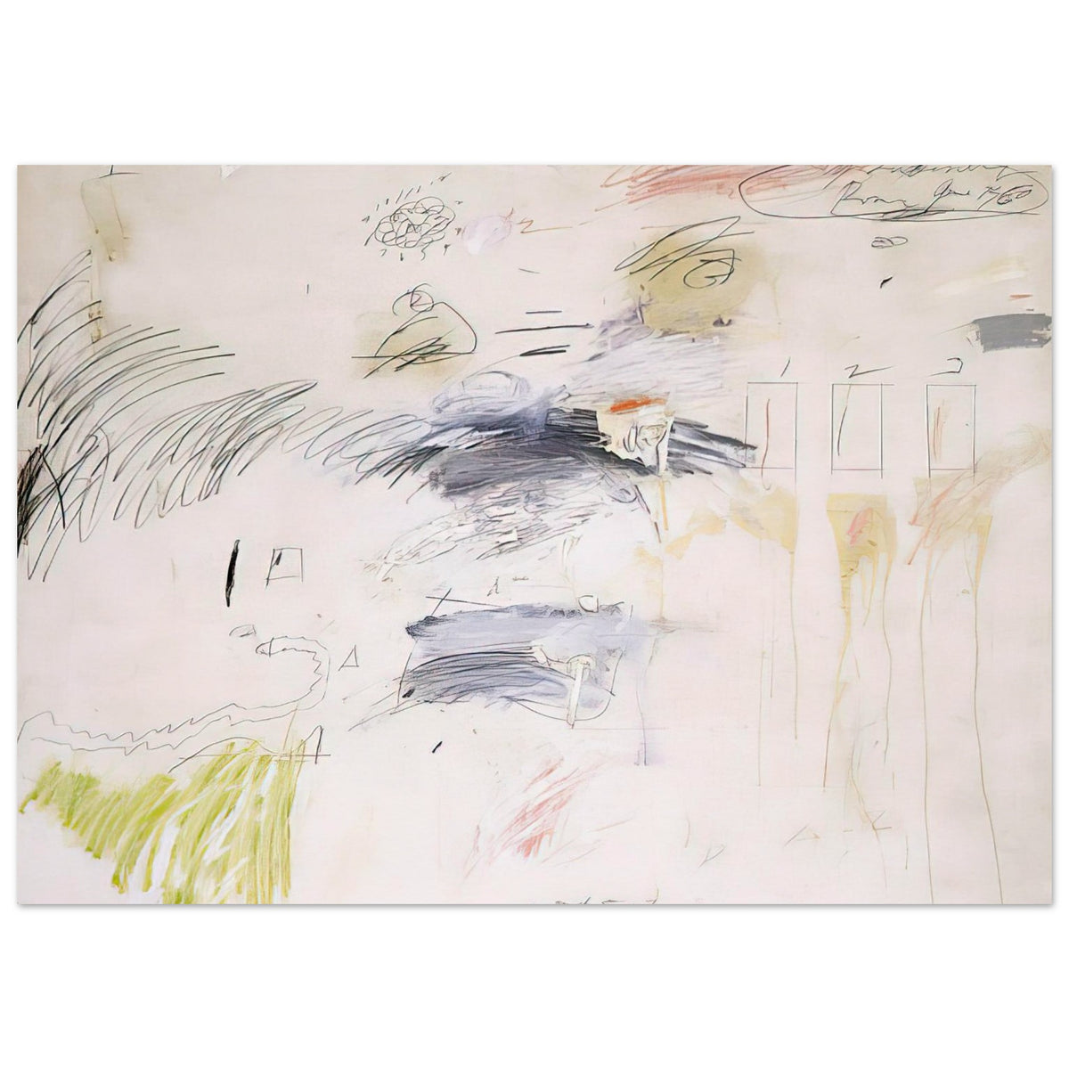 Untitled (Rome, June 1960) by Cy Twombly poster, 75 × 100 cm / 30 × 40 in: This expressive composition features a warm off-white background scattered with spontaneous pencil-like….