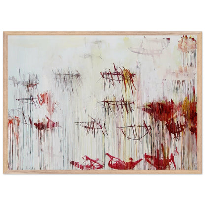 Lepanto, Part IX by Cy Twombly framed art print; featuring a luminous pale blue and ivory background, energetic crimson and burgundy marks, delicate yellow accents; size 60 × 90 cm (24 × 36 in); black frame.