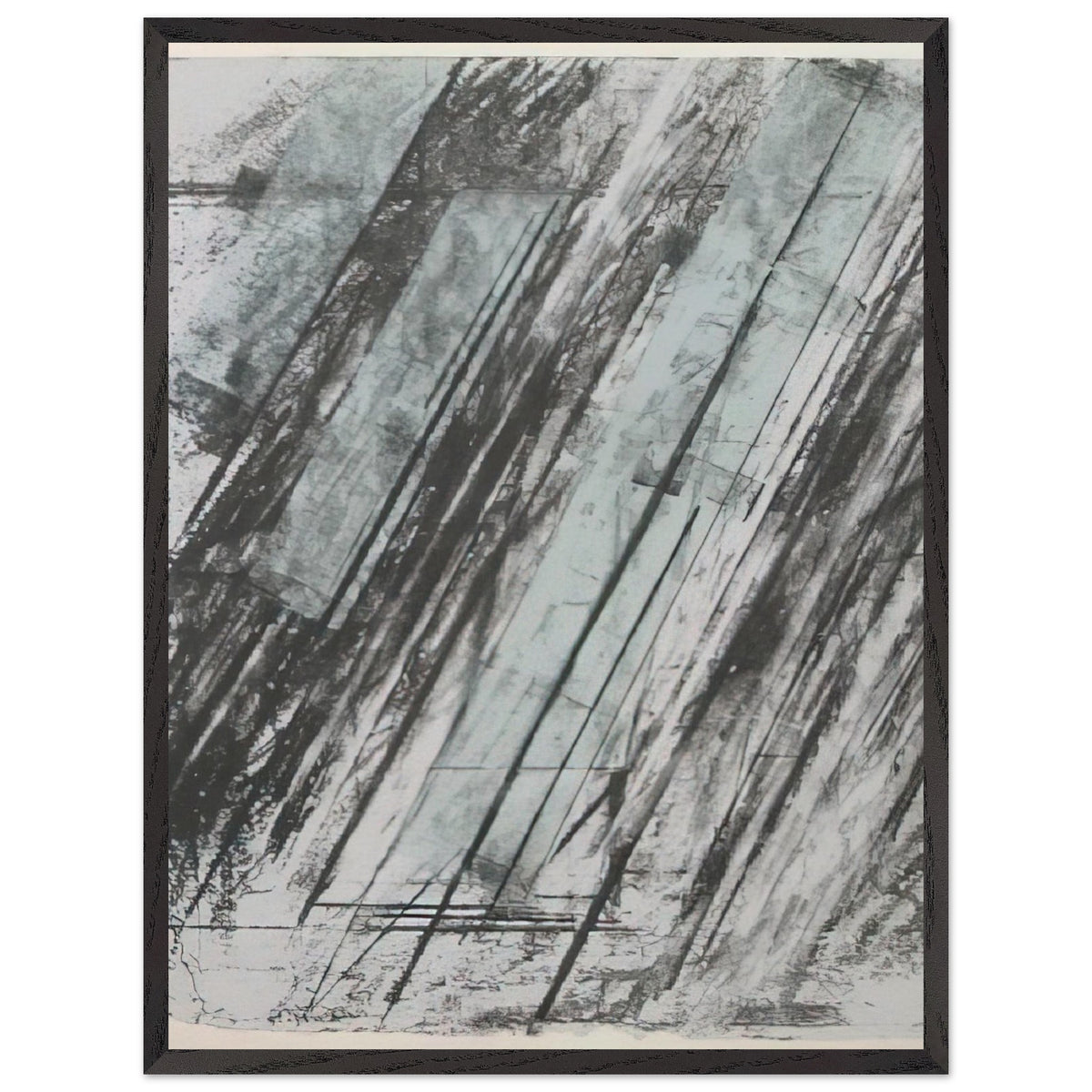 Untitled (Bastian 38) by Cy Twombly, framed art print, powerful diagonal strokes, layered black and gray marks, 50x70 cm (20x28 in), black frame