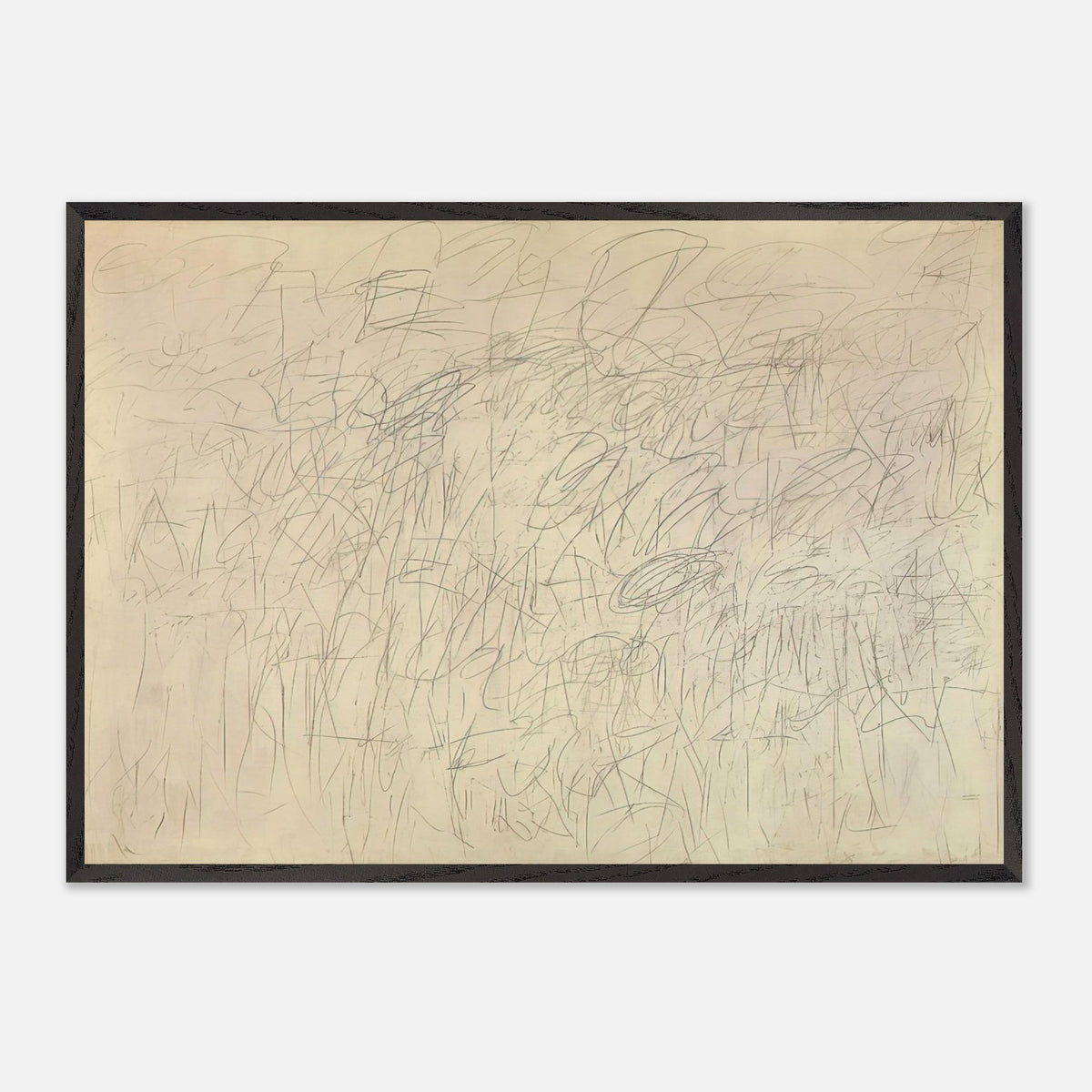 Academy by Cy Twombly framed art print; featuring an intricate network of delicate gray and black scribbles, overlapping lines, spontaneous gestures.