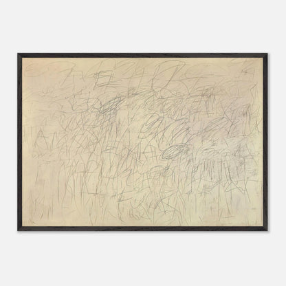 Academy by Cy Twombly framed art print; featuring an intricate network of delicate gray and black scribbles, overlapping lines, spontaneous gestures.