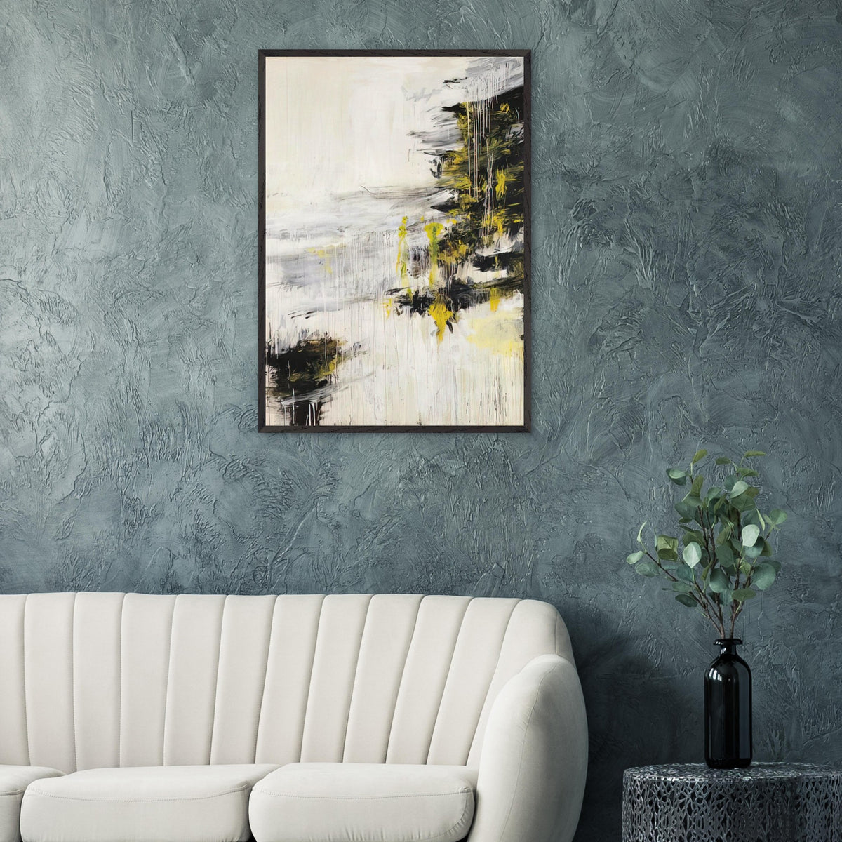 Quattro Stagioni II. Inverno by Cy Twombly, framed art print, bold black brushstrokes, flowing white and gray paint