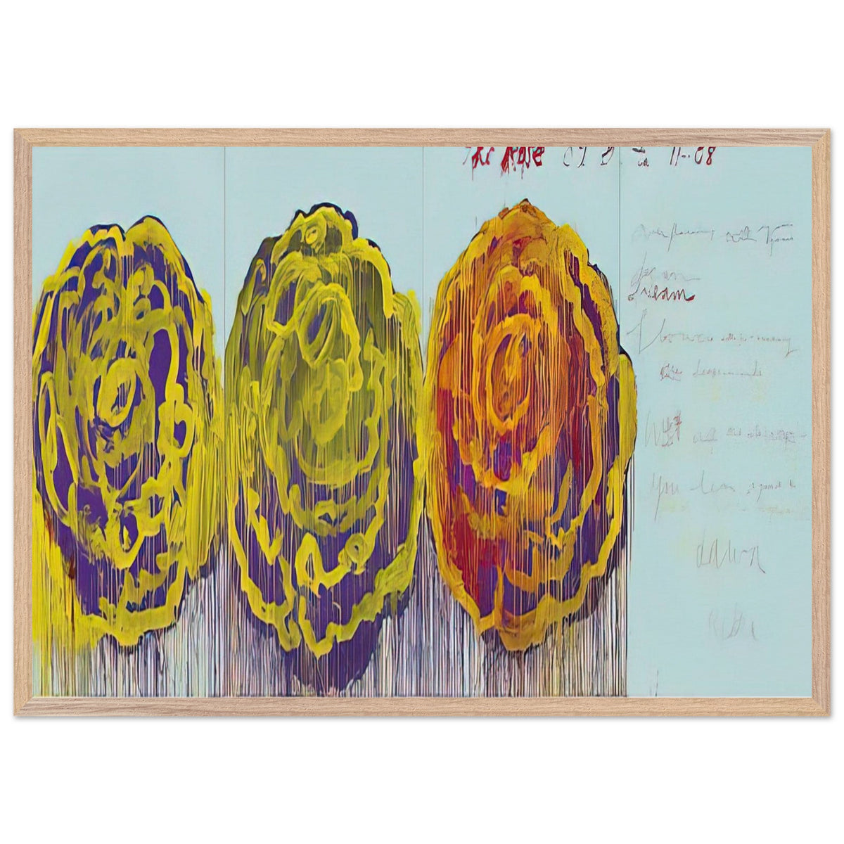 The Rose (III) by Cy Twombly framed art print; featuring three oversized rose-like forms in vivid golden yellow, fiery orange, rich magenta; size 60 × 90 cm (24 × 36 in); white frame.