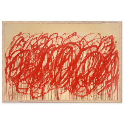 Untitled (Bacchus) by Cy Twombly framed art print; featuring sweeping vermilion-red brushstrokes, overlapping loops, energetic curves; size 60 × 90 cm (24 × 36 in); black frame.