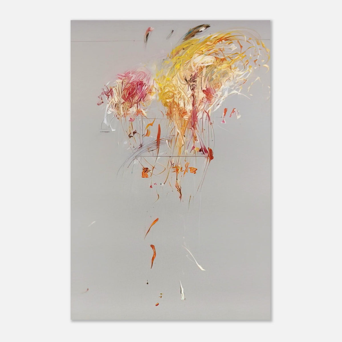 Nine Discourses on Commodus, Part IX by Cy Twombly, poster, muted gray background, energetic strokes of yellow and gold