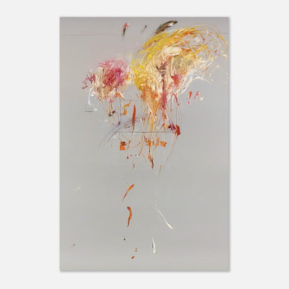 Nine Discourses on Commodus, Part IX by Cy Twombly, poster, muted gray background, energetic strokes of yellow and gold