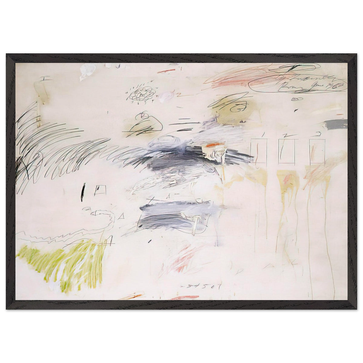Untitled, Rome by Cy Twombly framed art print; featuring a warm ivory background layered with spontaneous black and charcoal lines, delicate pencil-like gestures; size 70 × 100 cm (28 × 40 in); wood frame.
