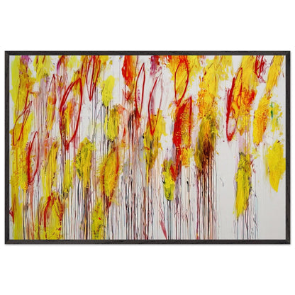 Lepanto, Part I by Cy Twombly framed art print; featuring vivid yellow and golden-orange brushstrokes, fiery red accents, delicate pink marks; size 28 × 43 cm (11 × 17 in); wood frame.