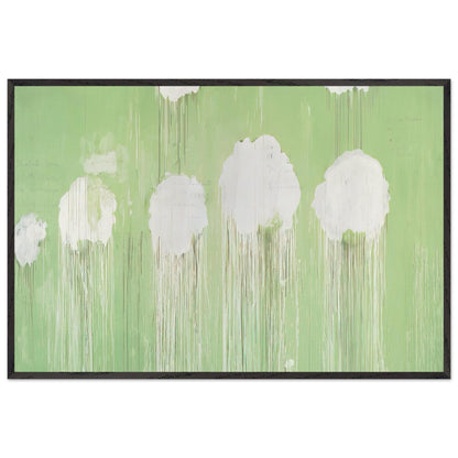 Untitled (Peony Blossom Painting) by Cy Twombly framed art print; featuring delicate white peony blossoms against a soft, luminous green background; size 70 × 100 cm (28 × 40 in); white frame.