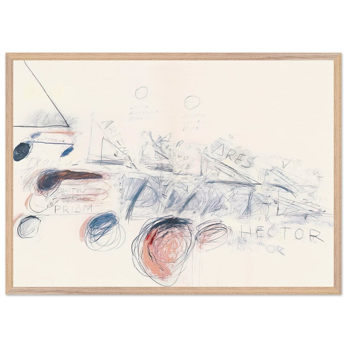 Fifty Days at Iliam: Ilians in Battle by Cy Twombly framed art print; featuring delicate blue-gray lines, energetic red marks, overlapping geometric shapes; size 28 × 43 cm (11 × 17 in); black frame.