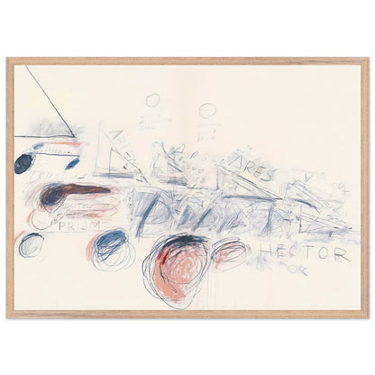 Fifty Days at Iliam: Ilians in Battle by Cy Twombly framed art print; featuring delicate blue-gray lines, energetic red marks, overlapping geometric shapes; size 28 × 43 cm (11 × 17 in); black frame.