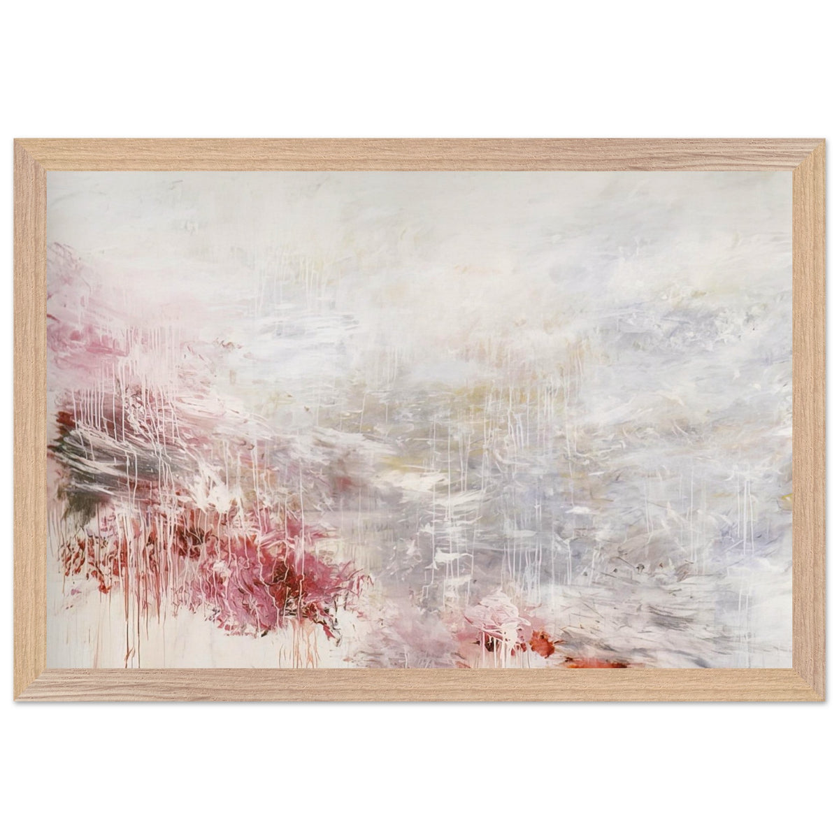 Hero and Leander (To Christopher Marlowe) [Rome] by Cy Twombly framed art print; featuring delicate washes of white, soft pink, dusty rose, and muted gray; size 800 × 1200 mm (32 × 48 in); wood frame.