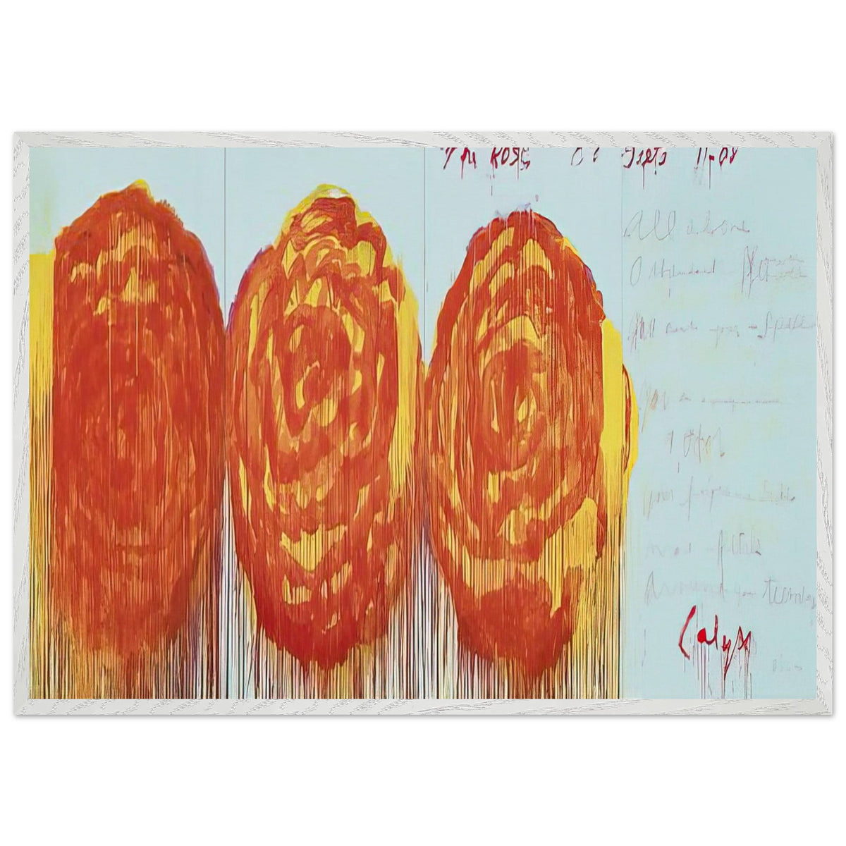 The Rose (II) by Cy Twombly framed art print; featuring three oversized rose-like forms in vibrant orange, fiery red; size 70 × 100 cm (28 × 40 in); white frame.
