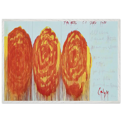 The Rose (II) by Cy Twombly framed art print; featuring three oversized rose-like forms in vibrant orange, fiery red; size 70 × 100 cm (28 × 40 in); white frame.