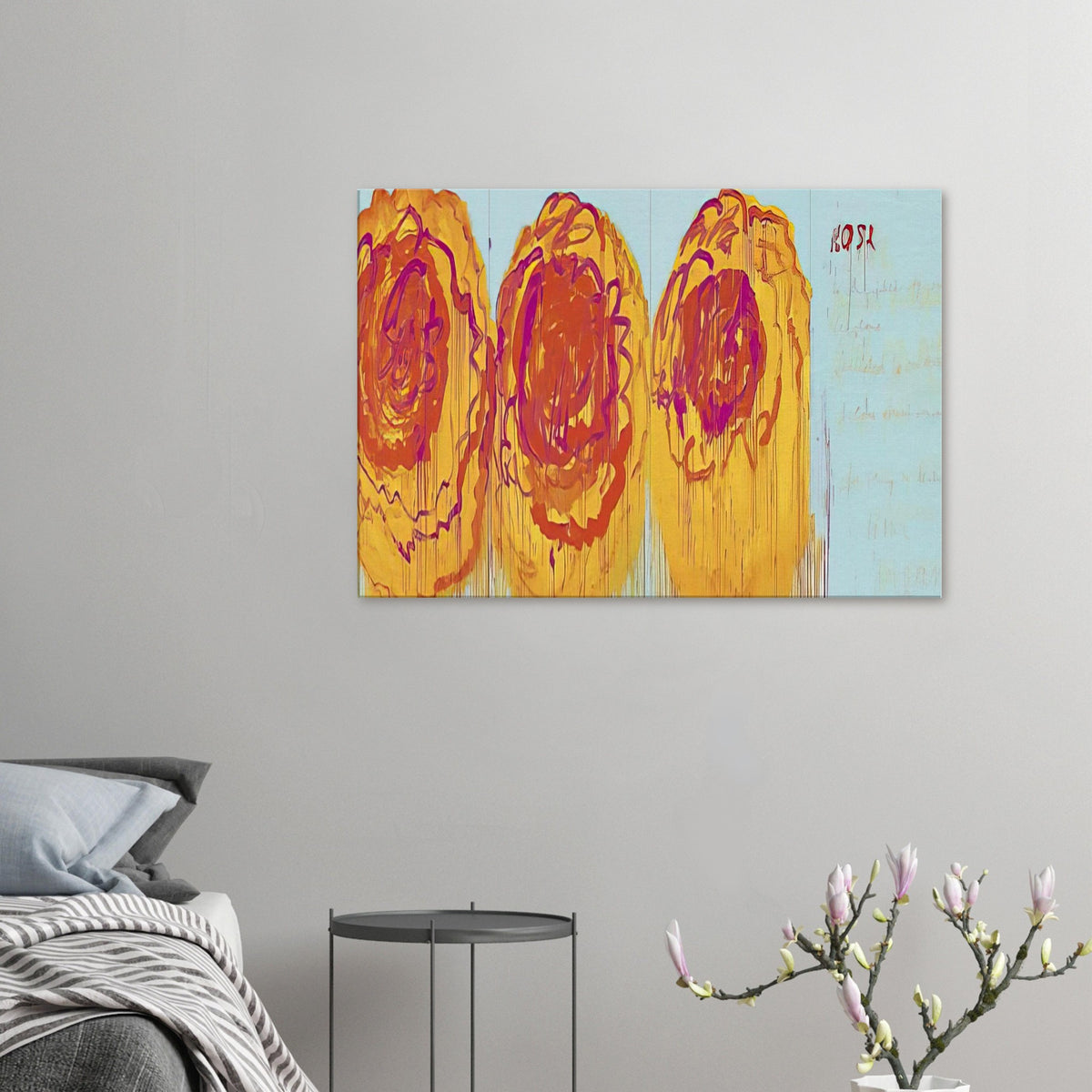 The Rose (I) by Cy Twombly canvas print: This striking composition features three large, rose-inspired forms in vivid red, orange, yellow….