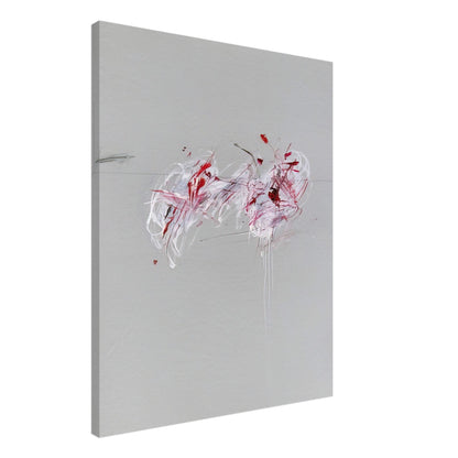 Nine Discourses on Commodus, Part II by Cy Twombly, canvas print, 60x75 cm / 24x30″; a restrained gray background, expressive red and crimson forms, delicate white brushstrokes