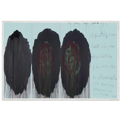 The Rose (V) by Cy Twombly framed art print; featuring three monumental rose forms in deep black, charcoal, burgundy, and dark crimson; size 60 × 90 cm (24 × 36 in); white frame.