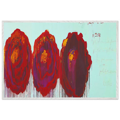 The Rose (IV) by Cy Twombly framed art print; featuring three oversized rose forms in deep crimson, fiery red, rich burgundy, and vivid violet; size 30 × 45 cm (12 × 18 in); wood frame.