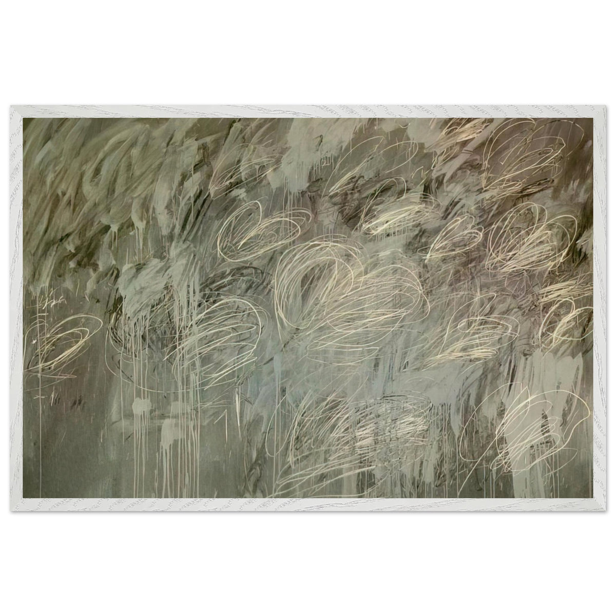 III Notes from Salalah (Note II) by Cy Twombly framed art print; featuring intricate ivory and pale gray looping lines across a richly layered background of muted olive green, gray; size 28 × 43 cm (11 × 17 in); black frame.