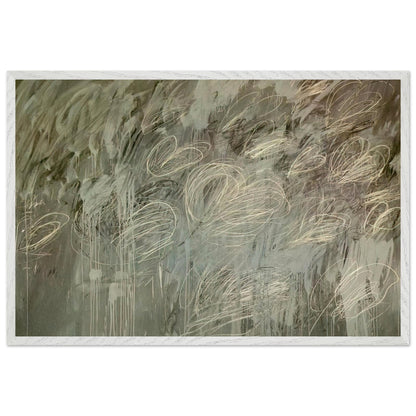 III Notes from Salalah (Note II) by Cy Twombly framed art print; featuring intricate ivory and pale gray looping lines across a richly layered background of muted olive green, gray; size 28 × 43 cm (11 × 17 in); black frame.