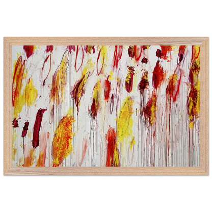 Lepanto, Part IV by Cy Twombly framed art print; featuring vivid yellow and golden-orange pigments, fiery red and crimson brushstrokes, delicate pink accents; size 30 × 45 cm (12 × 18 in); white frame.