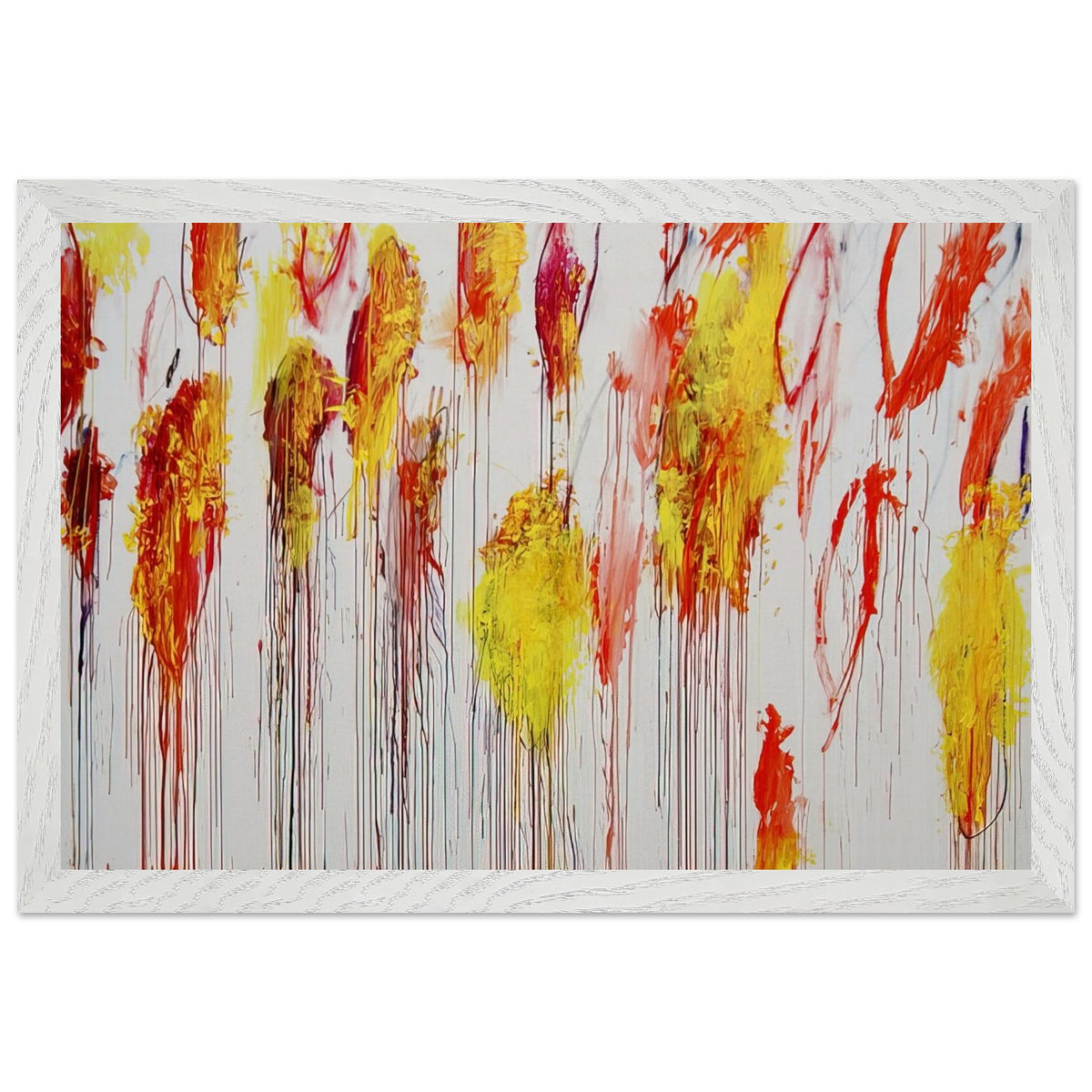 Lepanto, Part XII by Cy Twombly framed art print; featuring vibrant golden-yellow and orange brushstrokes, fiery red and crimson accents; size 28 × 43 cm (11 × 17 in); black frame.