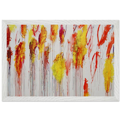 Lepanto, Part XII by Cy Twombly framed art print; featuring vibrant golden-yellow and orange brushstrokes, fiery red and crimson accents; size 28 × 43 cm (11 × 17 in); black frame.